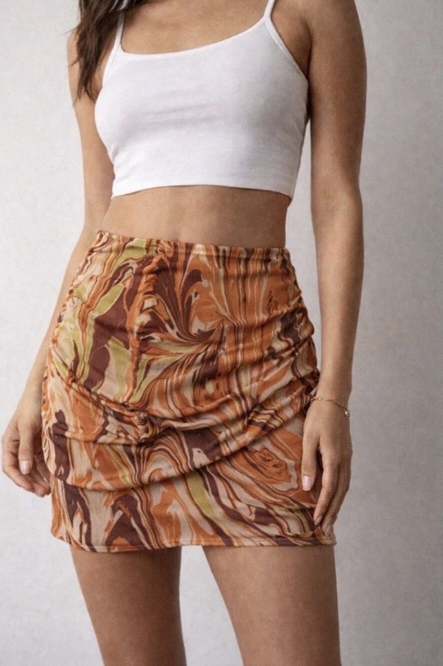 Urban Outfitters Ruched mesh babydoll Y2K mini skirt wavy orange Sz XS A007077